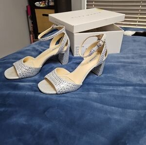 Alex Marie Silver Glitter Block Heel Sandals with Ankle Strap